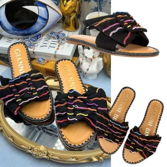 🆕 GIANNI BINI 🧿 NWOB JaxsonTwo Black & Rainbow Striped Linen Slide Sandal, Sz6 - Picture 1 of 15